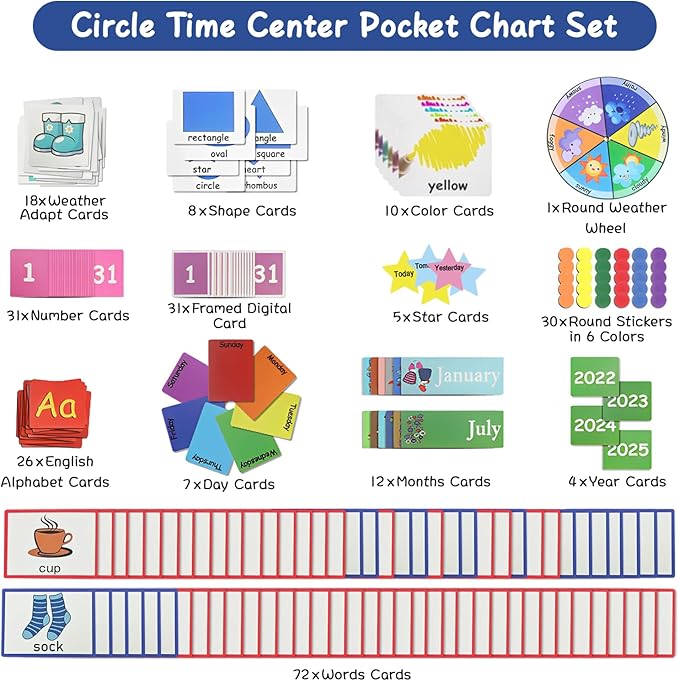 Circle Time Learning Center-Montessori Toy for 3 4 5 Year Old Pocket Chart Calendar Set Learning Calendar Weather,Alphabet,Counting Number,Color,Classroom Calendar Pocket Chart for Homeschool Supplies