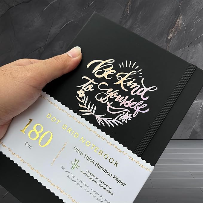 BUKE Dotted Notebook Journal 180GSM Bamboo Thick White Paper 160 Pages 5 * 5MM Dot Grid, Lay Flat Binding,Colored Silver Edges, Bookmarks and Expandable Back Pocket (BKP-8)