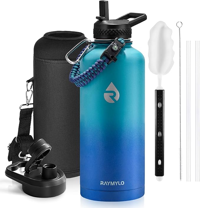 RAYMYLO Insulated Water Bottle 87 oz, Triple Wall Vacuum Stainless Steel (Cold for 48 Hrs), Leak Proof & Non-BPA, Modern Water Flask Jug with Paracord Handle & Straw Spout Lids, Cyan Blue