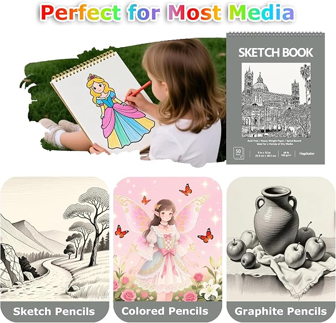 9" x 12" Sketch Book, 2-Pack 50 Sheets Spiral Bound Art Sketchbook, Acid Free Artist Drawing Book Paper, Art Supplies for Kids, Craft Activities, Sketch Paper for Drawing Coloring Sketching(Green)