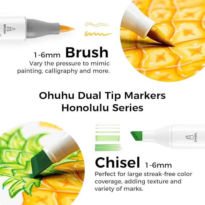 Ohuhu Alcohol Markers Brush Tip, AP Certificated 24 Basic Colors Double Tipped Alcohol Based Art Marker Set for Artist Sketching Adult Coloring Illustration - Brush and Chisel Dual Tips - Honolulu