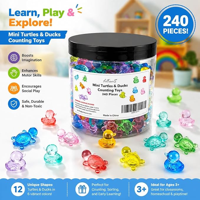 240PCS Translucent Counting Toys for Preschool, Turtle & Duck Sorting Manipulatives, Montessori Math Counters, Sensory Bin Fillers, Classroom Learning Toys for Toddlers with Storage Box