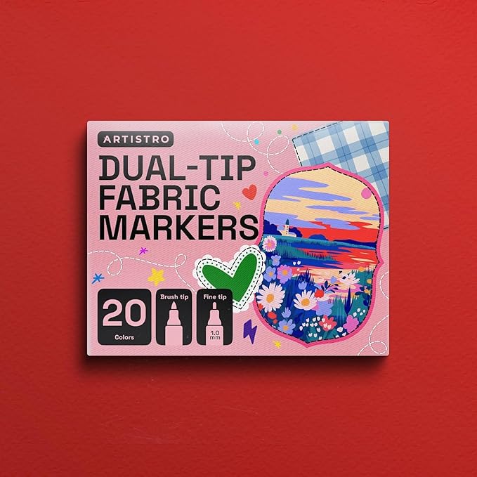 ARTISTRO 20 Dual-Tip Fabric Markers - Fabric Decorating Kit - Permanent for Clothes - No Bleed Pens for T-Shirts, Bags, Textile, Canvas, and More (Brush Tip and Fine Tip)