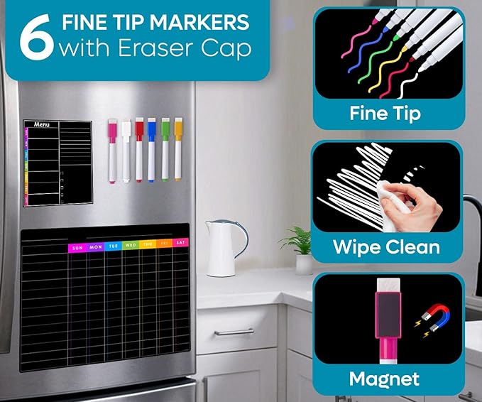 Magnetic Chore Chart Dry Erase Blackboard Set - Pocket Charts - Chores Chart for Multiple Kids, Teens & Adults (11.5"x 15"), Daily Meal Plann (7"x 9") - Family Schedule Planners & 6 Fine Tip Markers