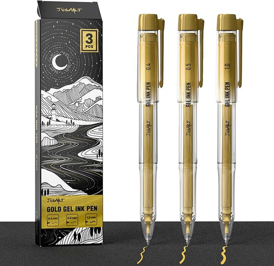 JusArt Gold Pens with 0.4mm, 0.5mm & 1.0mm Assorted Tips, Opaque Gold Ink Pens for Writing, Black Paper Journaling, Drawing & DIY Crafts, Ideal Drawing Pens for Artists & Art Supplies, 3 Pack