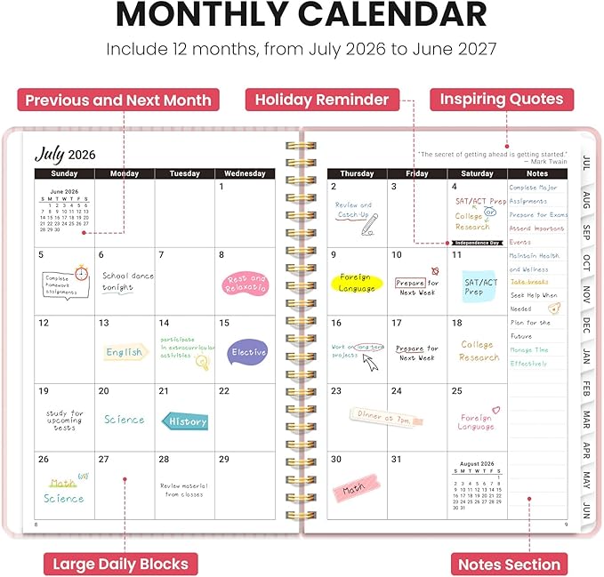 Planner 2026-2027, Hardcover Monthly and Weekly Academic Planner July 2026 - June 2027, Teacher and Student Calendar Agenda Book with Tabs, A5 (6.3" x 8.5"), Ideal for School and Office, Ribbon Wreath