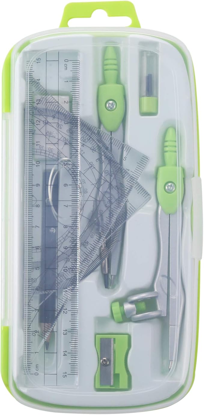 Unjoo Math Geometry Kit Sets 10 Piece Student Supplies with Shatterproof Storage Box,Includes Rulers,Protractor,Compass,Eraser,Pencil Sharpener,Lead Refills,Pencil,for Drafting and Drawings（Green）