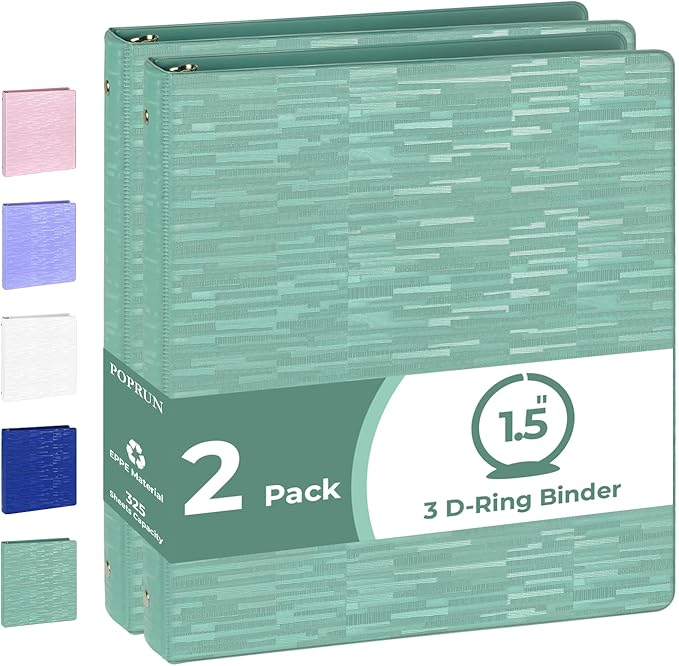 POPRUN 3 Ring Binder 1.5 Inch, PVC-Free, Holds 325 Sheets of 8.5 x 11 Paper, Extra Durable Organizer with 2 Pockets for School & Office, Heavy-Duty, 2 Pack, Midnight Green