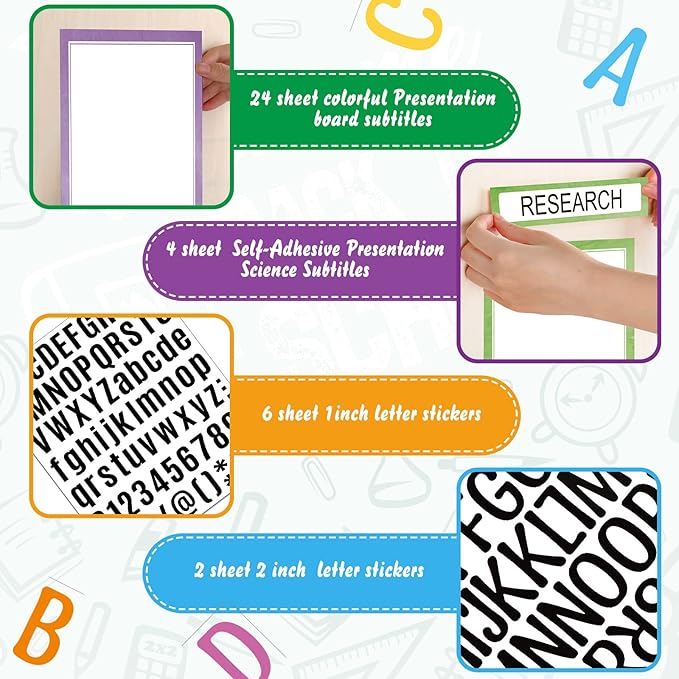 PerKoop 36 Sheets Science Fair Board Poster Boards Supplies 24 Self Adhesive Presentation Subtitles 4 Science Fair Project Titles 8 Personalized Letter Sticker for Classroom(Water Color)