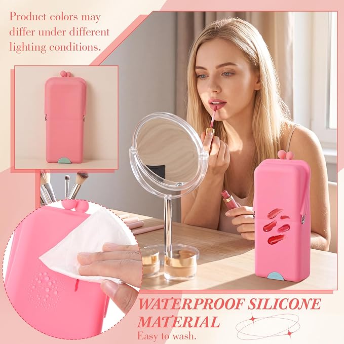 Kacctyen Makeup Brush Case Silicone Standing Makeup Brush Holder,Pink | Silicone Make up Travel Bag with Suction Portable Cosmetic Organizer Phone Stand Pouch for Travel Home Back to School Use