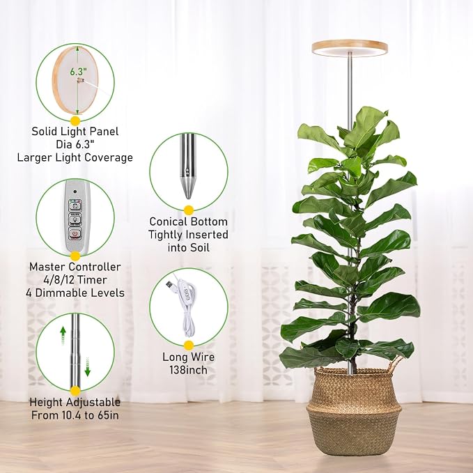 LORDEM Bamboo Grow Light for Indoor Plants, 2 Pack | Full Spectrum LED, Height Adjustable, Auto Timer 4H/8H/12H, 4 Dimmable Levels, Ideal for Large Tall Plants