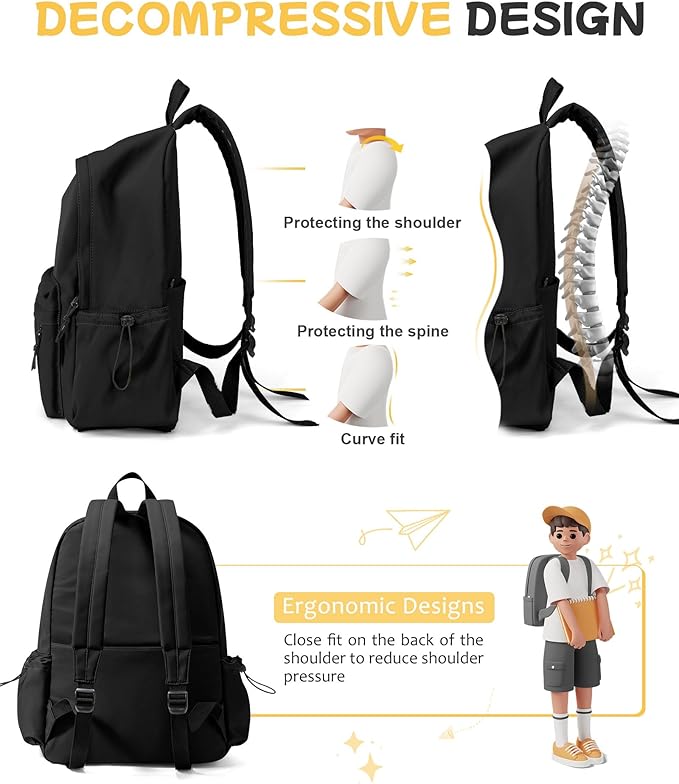 SEAFEW Black Backpack for School Women Girls, Waterproof Bookbag Cute High School Backpack for Men Teen Boys, Lightweight Travel College Back Pack Mochilas Escolares para Casual Daypack Rucksack