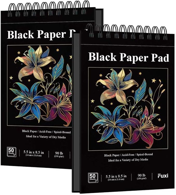 Fuxi Black Paper Sketchbook, 2-Pack - 5.5" x 8.5" | 90lb/150gsm Black Sketch Paper, 50 Sheets Per Pad