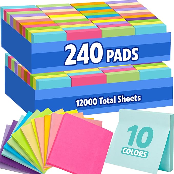 240 Pads Sticky Notes 3x3, Self-Stick Pads Bulk Bright Colors, School Supplies, Office Products, 50 Sheet/Pad