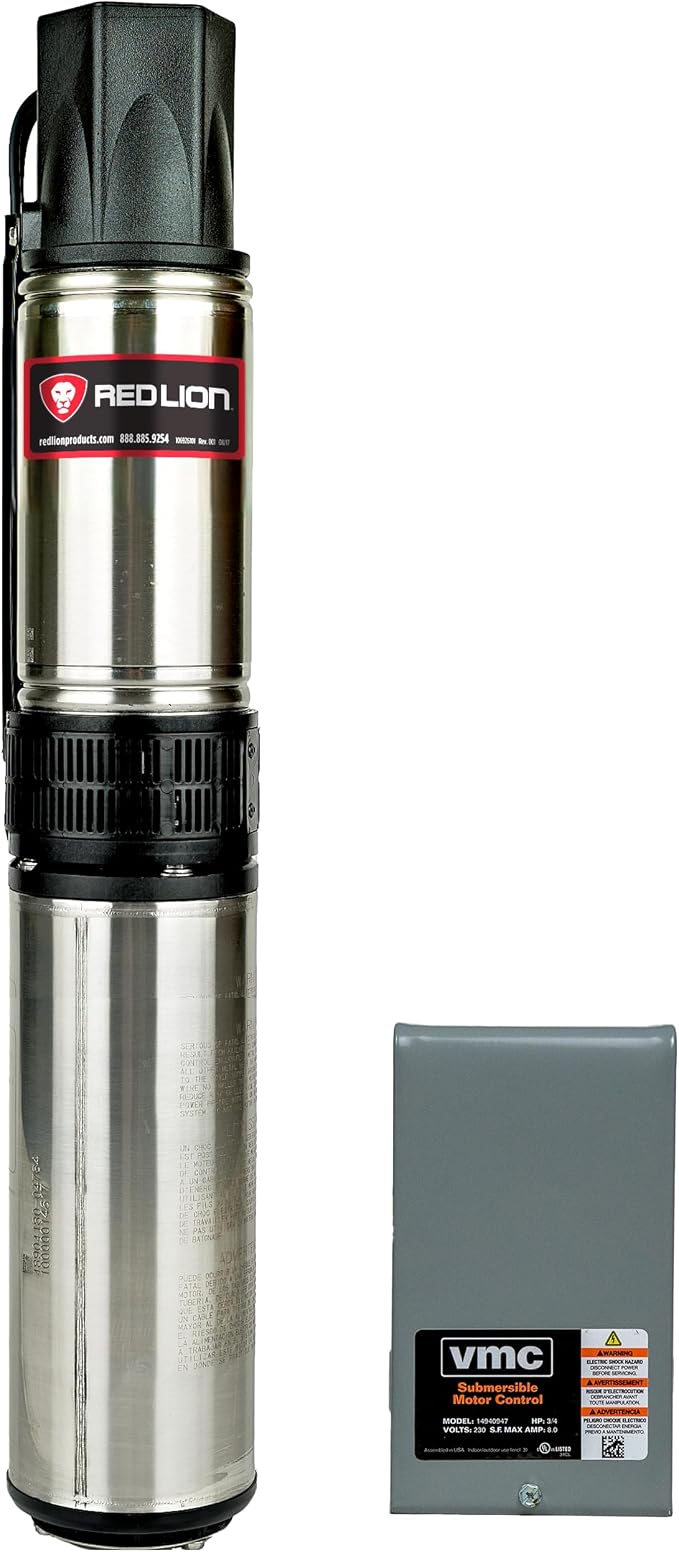 Red Lion RL12G07-3W2V Submersible Well Pump, 3/4 HP, 3-Wire, 230V, 12 GPM | Control box included, Fits 4" wells, Dependable performance for depths to 120', Steel case/thermoplastic discharge, 14942406