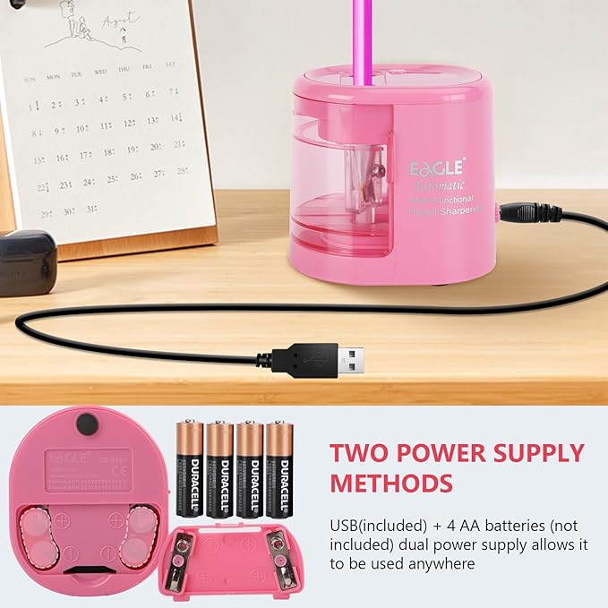 Eagle Electric Pencil Sharpener, Battery or USB Operated, Dual Holes, Dual Blades, fit for Pencils of Size 6-8mm and 9-12mm (Pink)