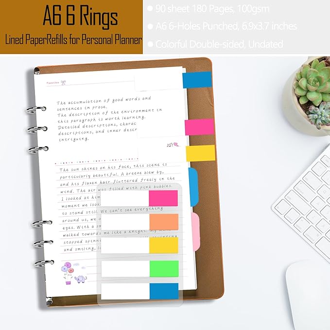 Rancco A6 Planner Inserts Lined Paper, Colorful 90 Page 6-Ring Memo Refills Loose-leaf Refill Paper w/Zipper Pouch, Binder Dividers, Ruler, Index Tab for Planner Journal Dairy, Double-sided, 6.9x3.7"