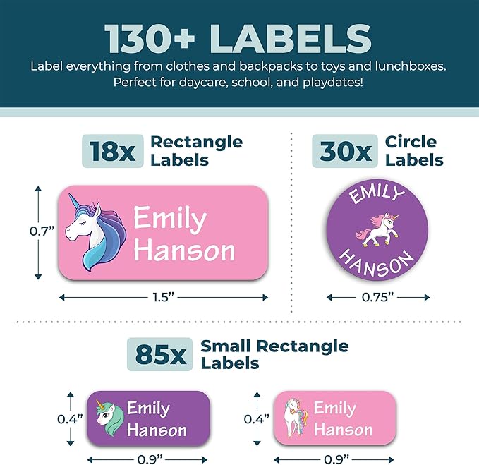 Bunny Badges Personalized Daycare Name Labels for Kids (130 Labels) - Custom Waterproof Name Stickers for Clothing Tags, Water Bottles, Lunch Boxes and School Supplies (Unicorns)