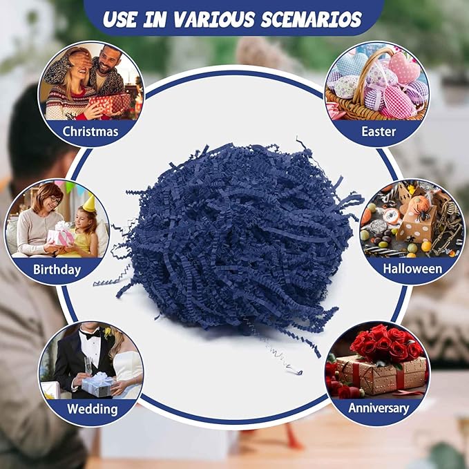 3LB Navy Blue Crinkle Cut Paper Shred Filler, Paper Shreds for Basket Fillers, Birthday, Gift Wrapping, Wedding, Halloween, Thanksgiving, Christmas Gift Decor Party Filler