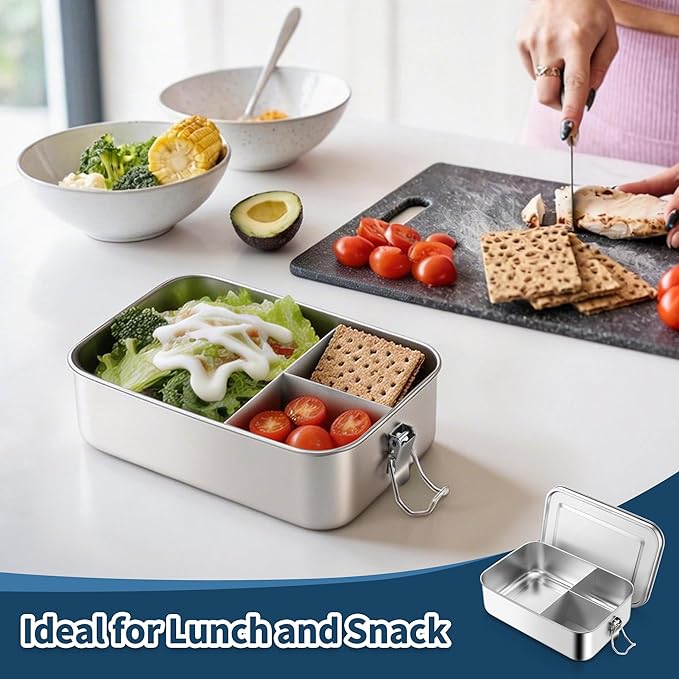 TeamFar Stainless Steel Bento Box, 81oz/2400ML Metal Lunch Box with Leak-Proof Lid for Adults/Kids, Lunch Food Containers with 3 Compartments for School/Work/Meal Prep, Heavy Duty & Dishwasher Safe