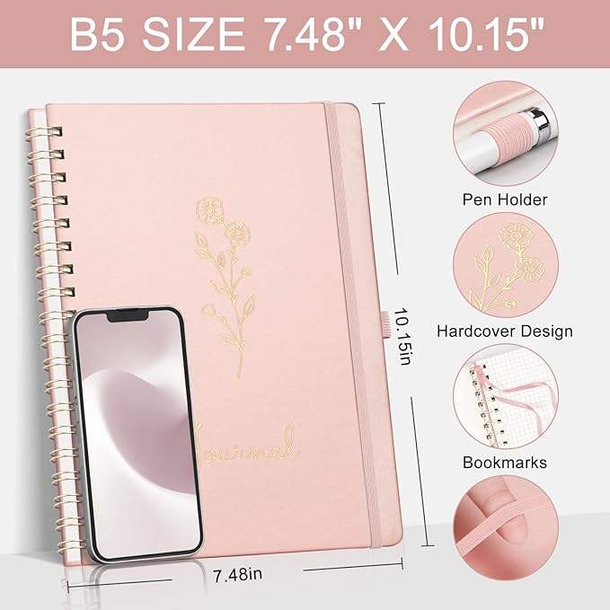 EMSHOI Spiral Graph Paper Notebook, Hardcover Leather Journal 140 Pages, 100 GSM Thick Paper, 5mm Grid Paper Notebook for School Writing Math Graphing Engineering, B5(7.48"x10.15") - Rose Gold