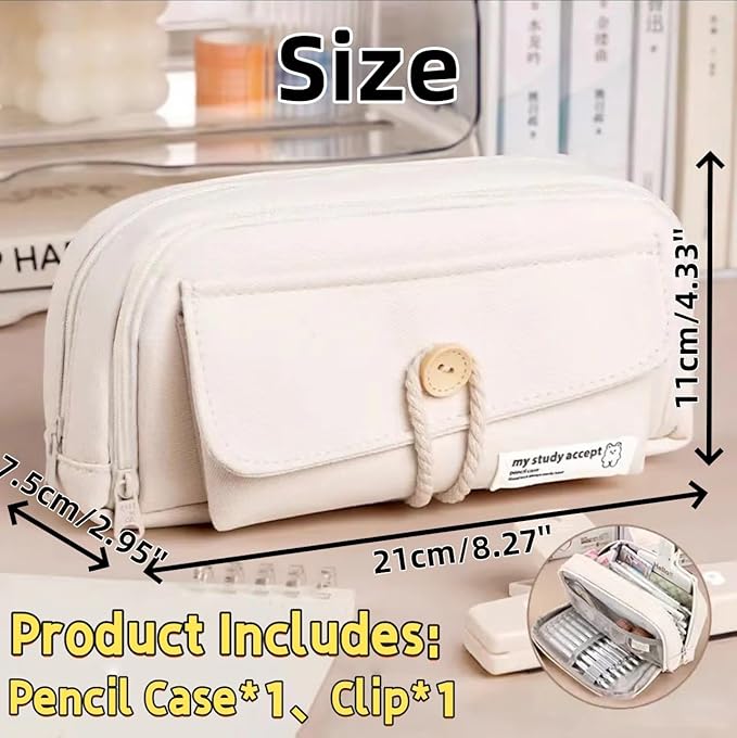 Simple Style Cotton Rope Pencil Holder - Large Capacity Multi-layered Pencil Case Organizer, Aesthetic Minimalist Fabric Pen Pouch with Zipper, Durable Eco-Friendly Pen Pouch Bag (Beige)