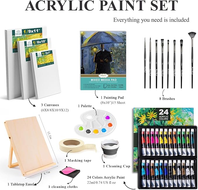 Inburit Acrylic Paint Set, Painting Supplies Kits with 24 Acrylic Paints(22ml), 8 Brushes,1 Wooden Easel,1 Palette etc, Paint Kit for Kids,Adults and Artists