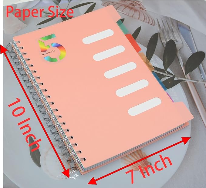 5 Subject Notebook, 1 Pcs Pink 10 Inch x 7 Inch B5 Spiral Notebook With Waterproof Plastic Softcover, 300 Pages 80 Gsm College Ruled Papers With 5 Sheets Colorful Movable Dividers (Pink)