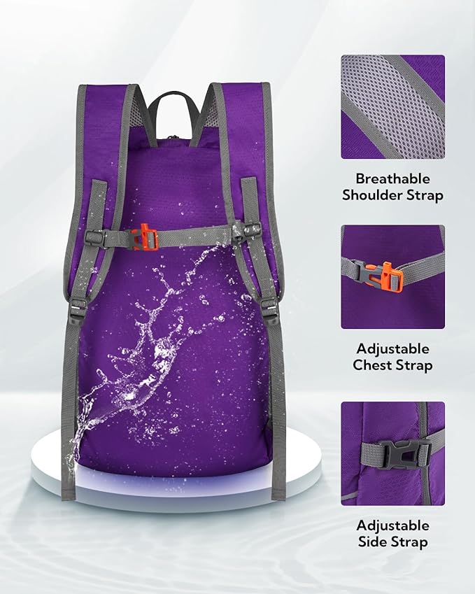 WATERFLY Hiking Packable Daypack Backpack: 35L Ultra Lightweight Day Pack for Women Men - Large Foldable Back Pack for Outdoor Sport Cycling Camping Travel Trip - Purple