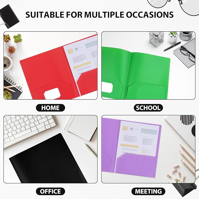 Plastic Folders with Pockets, 6 Rainbow Colors, 2 Pocket, Letter Size | 8.5x11 Paper, Business Card Slot, Black to School Supplies, For Kids / Students / Teachers, Office Organization