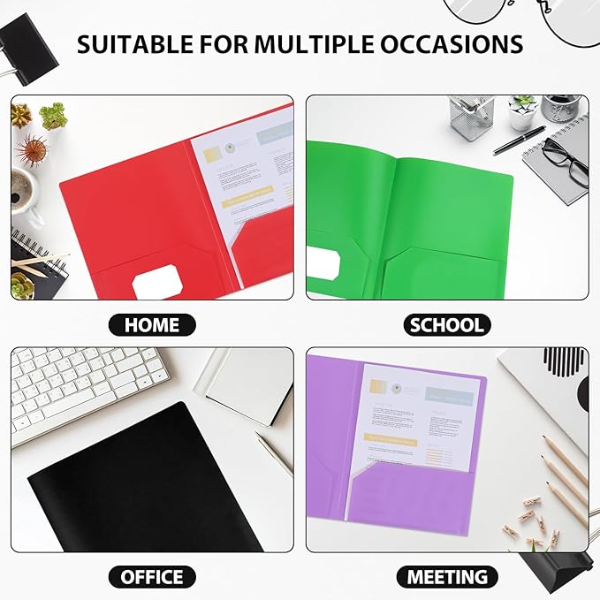 Plastic Folders with Pockets, 2 Pocket, Letter Size | 8.5x11 Paper, Business Card Slot, Black to School Supplies, For Kids / Students / Teachers, Office Organization