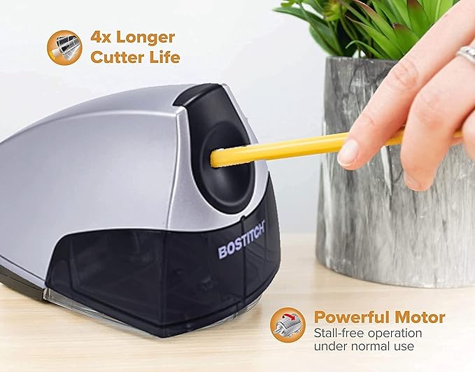 Bostitch Office Electric Pencil Sharpener for Classroom & Desk Use, Heavy-Duty Stall-Free Motor, High-Capacity Shavings Tray, Silver