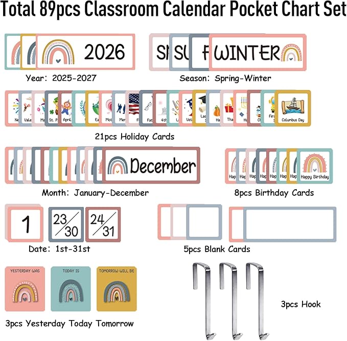 Black Classroom Calendar Pocket Chart with 89 Cards for Students Kids Large Classroom Calendar Pocket Chart for Home School Teacher Supplies (Rainbow Theme)