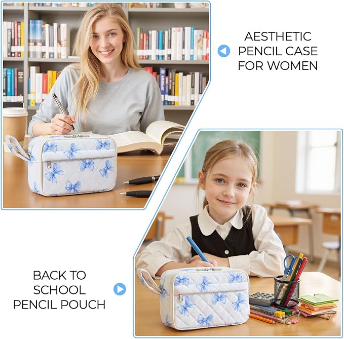 WOBAGMEN Quilted Pencil Pouch for Women, Large Capacity Pencil Case with Compartments, Cute Aesthetic Pencil Organizer, Floral Stationery Pouch（Blue Bow）