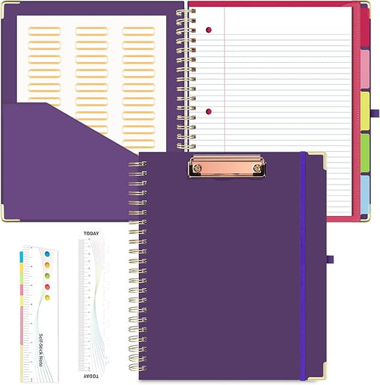 EYROZILL Spiral Notebook Clipboard with Removable Dividers Tabs, 5 Subject Notebook College Ruled, 8.5"x11" Hardcover Lined Journals with 12 Storage Pockets School Office Work Supplies