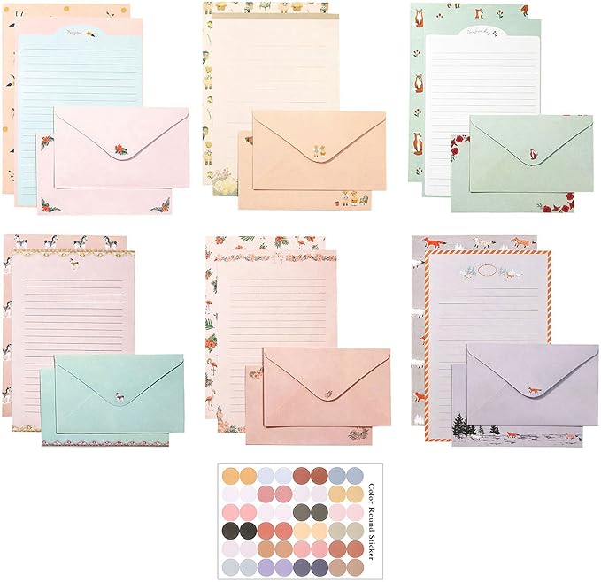 55 Pcs Stationery Paper Envelopes Set Includes 36 Lined Writing Stationery Paper & 18 Envelopes with 48 Colorful Round Stickers, Cute Vintage Letter Writing and Stationery Paper Envelopes(6 Style)
