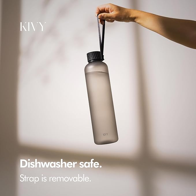 KIVY Slim Water Bottle 32oz [Lightweight & Shatterproof] Fits Backpack & Cupholder for Travel, Sports, School, Gym - Black water bottle no straw for Men - Screw top - Dishwasher Safe