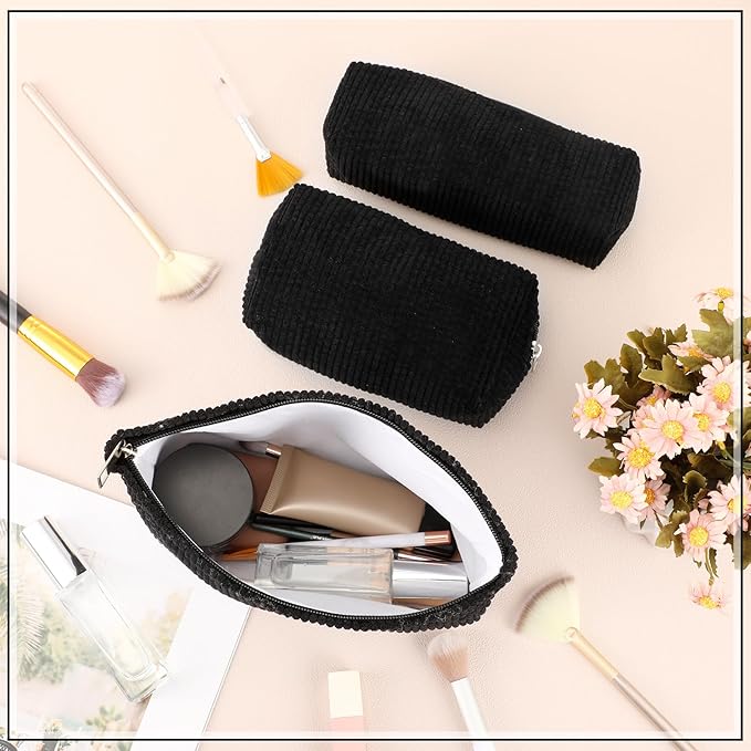 Huhumy 3 Pcs Makeup Bag Set for Women Corduroy Cosmetic Pouch Aesthetic Smile Travel Toiletry Bag Cute Purse Pouch Pencil Case Makeup Brushes Storage Organizer with Zipper(Black,Solid Style)