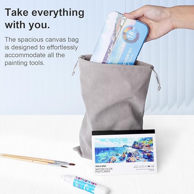 AUREUO Blue Watercolor Set - Marine Ocean Watercolor Paint Set with Brushes, Watercolor Postcards, Masking Pen, Tote Bag - Water Color Painting Kit for Adults, Beginners, Professional
