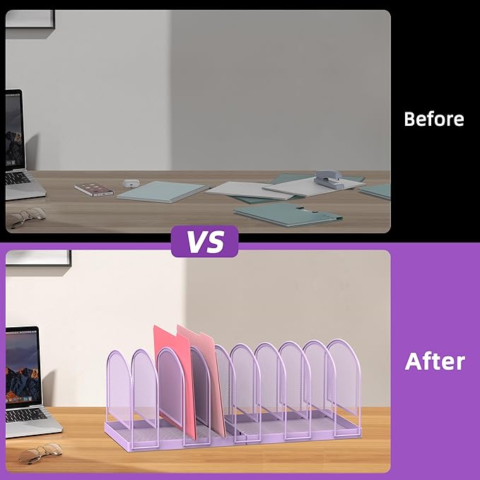 SUPEASY File Organizer 9-Section Mesh Desk Organizer, Upright File Organizer Desktop Organizer File Sorter, File Folder Holder for Office Supplies, Purple (Pack of 2)