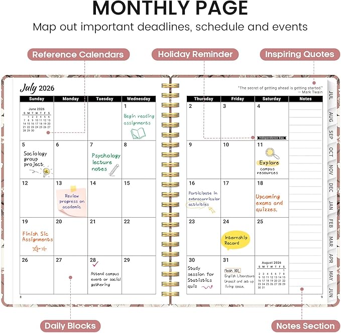 Planner 2026-2027, Academic Monthly and Weekly Calendar Planner for Women, July 2026 - June 2027, Hardcover Pretty Agenda Planner Book with Tabs, Spiral Daily Organizer for School Office Home Supplies, 6.3" x 8.5" - Blush Petals