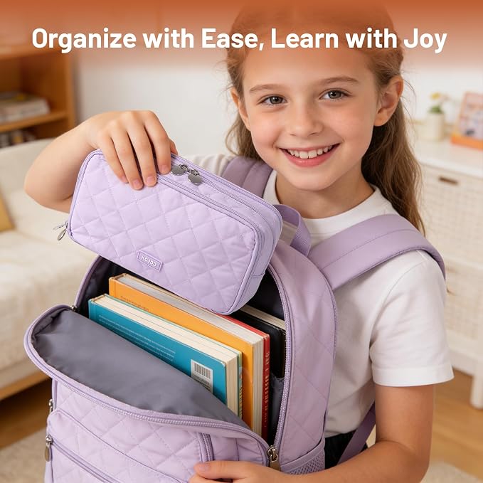 Cute Pencil Case for Girls kids Soft Quilted Pencil Pouch Bag Organizer | With 3 Compartments,Big Capacity Marker Crayon Storage Bag Large Double Zipper Art Bag For Kids School College Boys Women