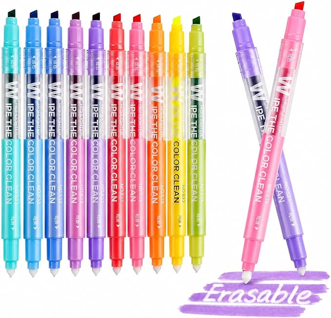 YOOUSOO Erasable Highlighters, Bible Highlighters No Bleed, Dual Tip Pastel Erasable Highlighter Assorted Colors, Color Tip & Eraser Tip Highlighter Markers for Bibles Journaling School Supplies