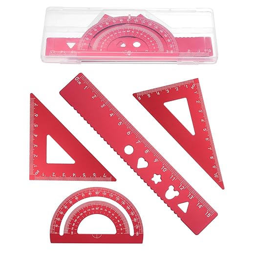 PATIKIL 4 Pcs Geometry Drafting Tool, Aluminum Alloy Geometry Kit Math Tool Includes 15cm L Ruler Protractor Triangles for Drafting Angle Measure Simple Science Experiment, Red