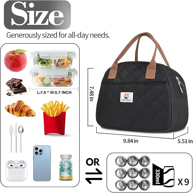 CaCTOUR Lunch Bag Women,Insulated Quilted Lunch Bag, Small Portable Cute Lunch Box,Cooler Bag Reusable Lunch Tote for Work/Travel/Picnic (Black)
