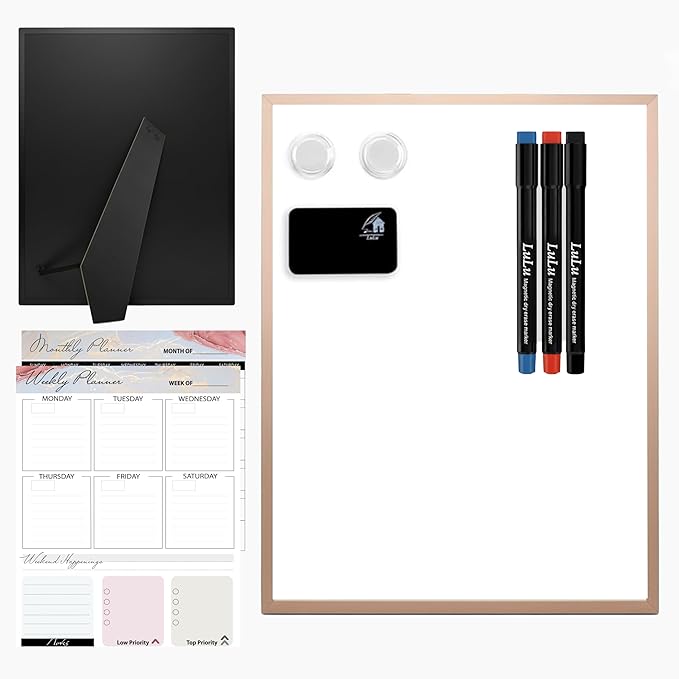 Magnetic Dry Erase Board 12x16 with Foldable Stand, Portable Rose Gold Desktop Whiteboard for Home, Office, School & Kitchen, Includes Weekly & Monthly Magnetic Planner Sheets
