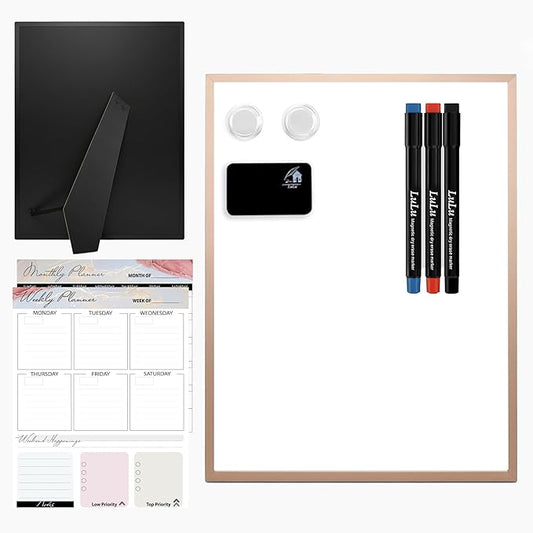 Magnetic Dry Erase Board 12x16 with Foldable Stand, Portable Rose Gold Desktop Whiteboard for Home, Office, School & Kitchen, Includes Weekly & Monthly Magnetic Planner Sheets