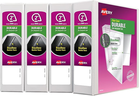 Avery Durable View 3 Ring Binders for Home, School Supplies, Office, or Organization Needs, 2" Slant Ring, 4 Pack White Binders (17032)