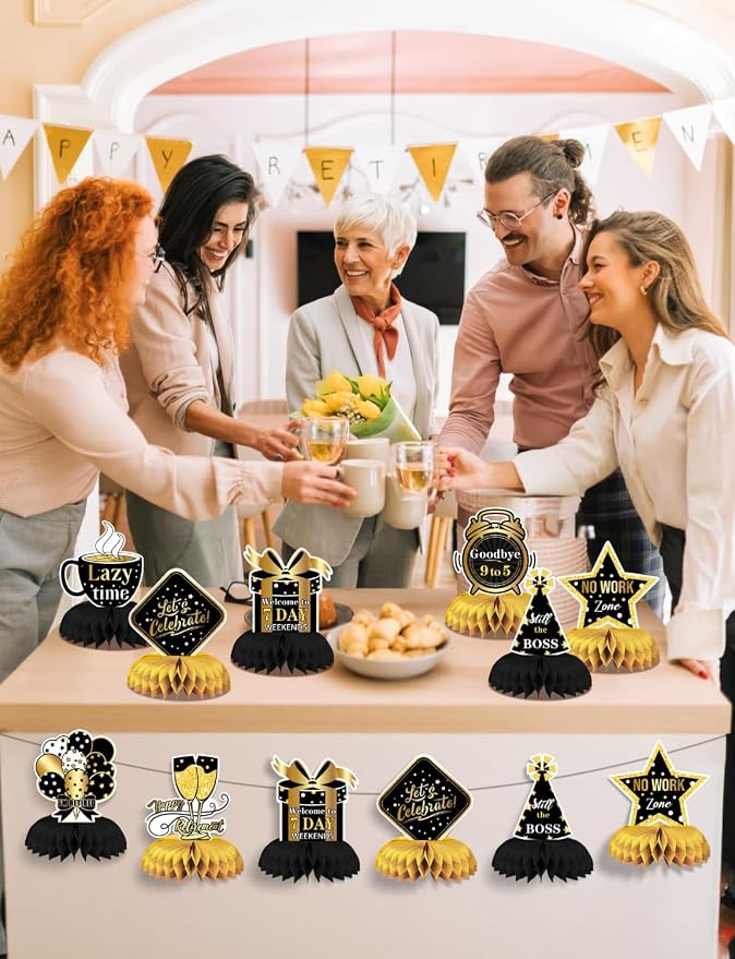 Retirement Table Decorations - Black and Gold Retirement Decorations 9Pcs Retired Honeycomb Centerpieces Table Toppers for Goodbye Farewell Party Supplies for Men Women, Photo Booth Props