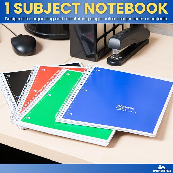 1InTheOffice Spiral Notebook Wide Ruled 8 x 11, 1-Subject College Ruled Notebooks, Wirebound Spiral Notebooks, Assorted Colors, 70 Sheets, (8 Pack)